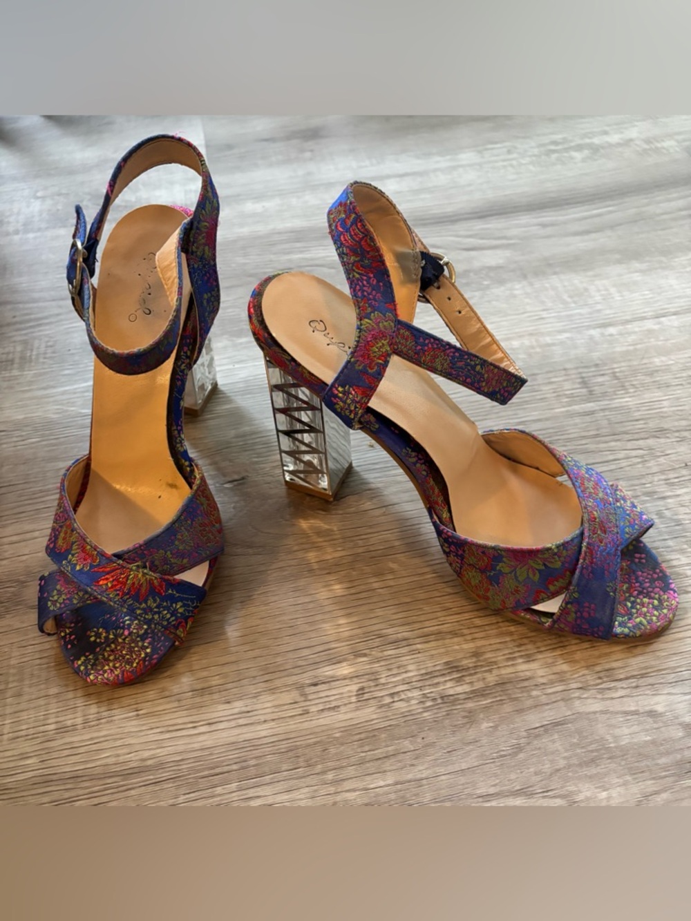 Unique Vintage Floral Blue Strappy High Heel Sandals, Mirrored Block Heel 8.5